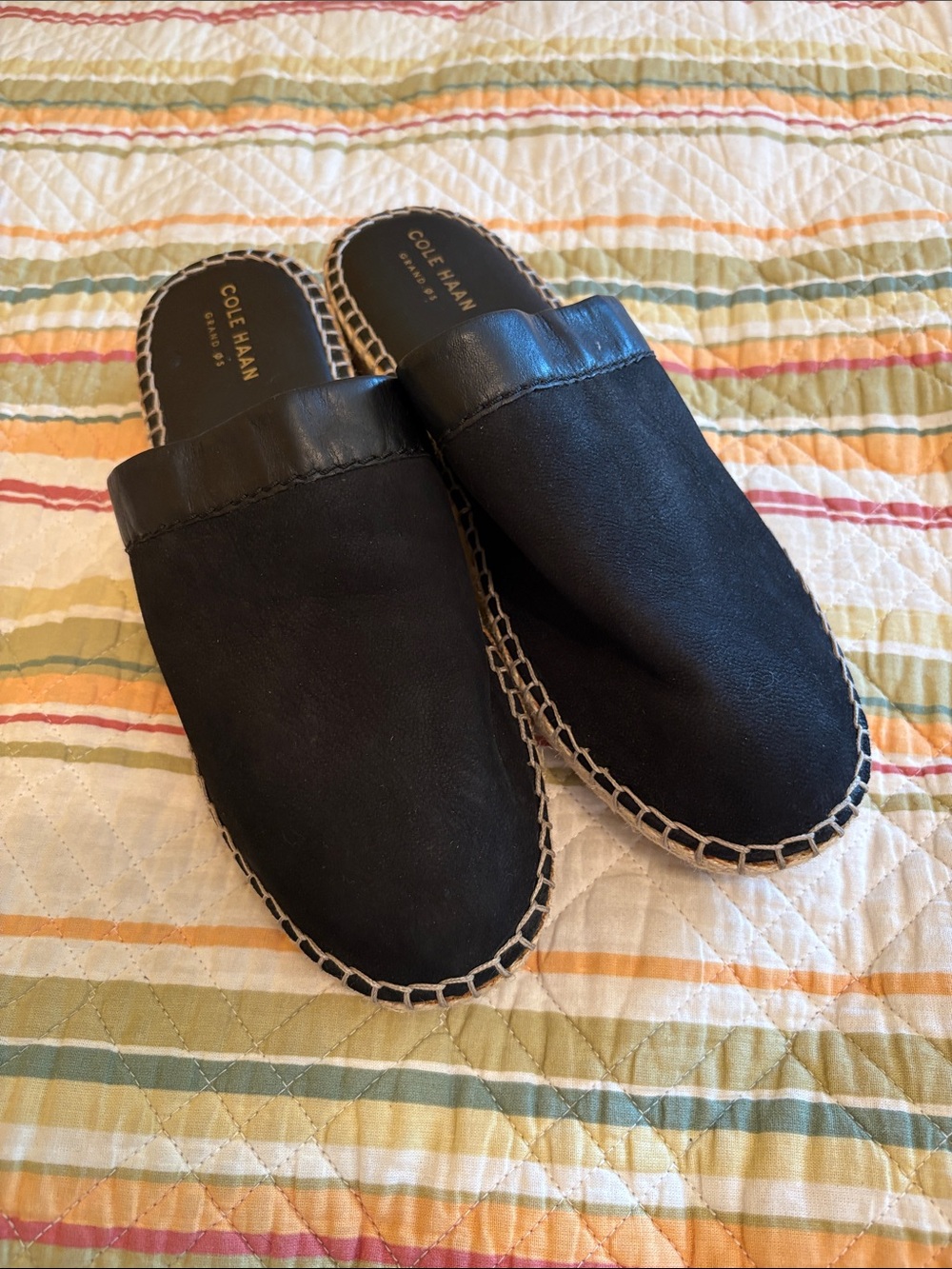 Cole Haan cloud feel Black Leather Espadrille Slip-On Mules